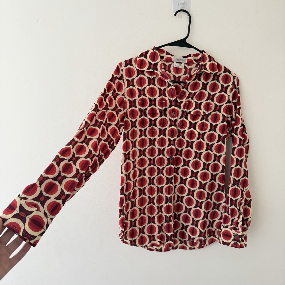 Mod Geometric Print Blouse Red Cream Retro Graphic‎ Button Up Statement Top XS - Picture 3 of 9